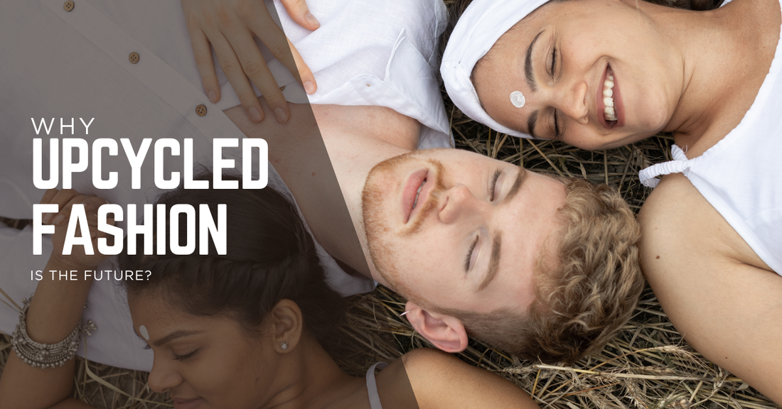 Group of young people lying on hay field promoting sustainable living with the text ‘Why Upcycled Fashion is the Future?’ – eco-friendly fashion concept.