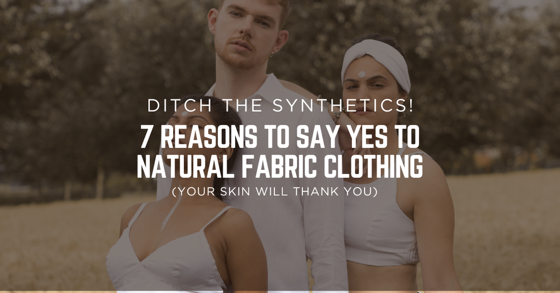 hree people wearing sustainable, natural fabric clothing in an outdoor setting, for a blog post about the 7 reasons to ditch synthetic fabrics.
