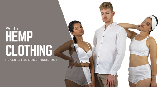 Three models wearing stylish hemp clothing in white outfits, showcasing sustainable fashion and eco-friendly fabrics