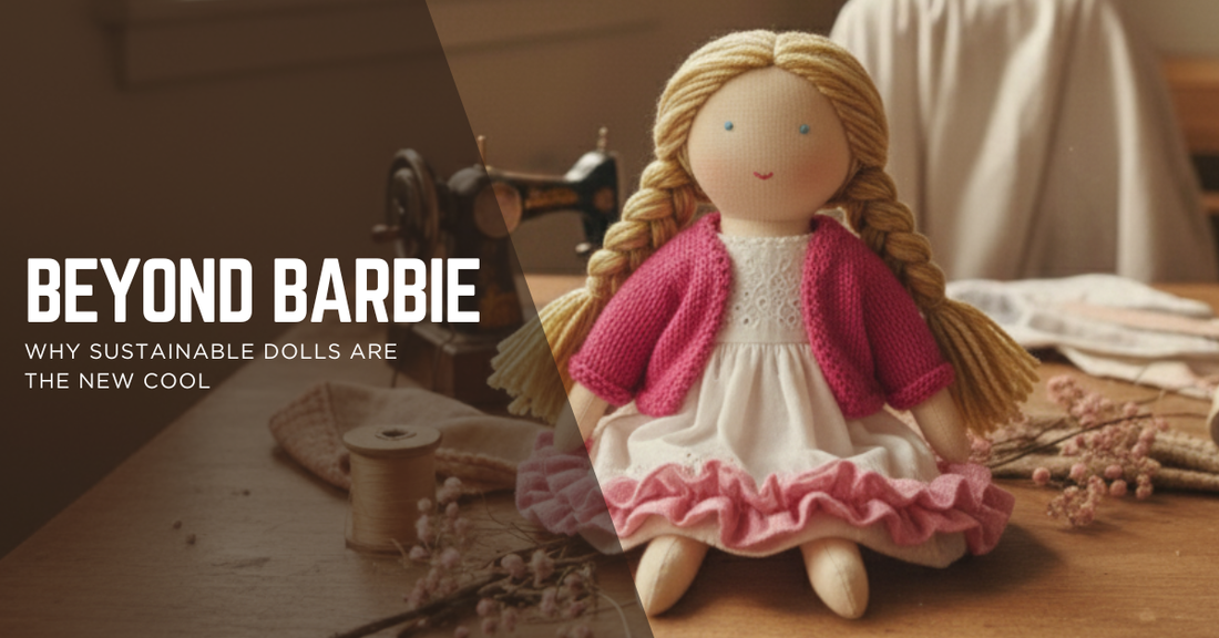 A handmade, sustainable doll with blonde braids sits on a sewing table, illustrating a blog post titled 'Beyond Barbie: Why Sustainable Dolls Are The New Cool'.